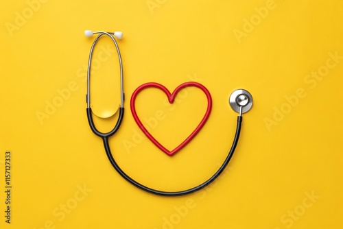 Stethoscope and heart shape on a yellow background, perfect for medical professionals, healthcare campaigns, or wellness content focused on heart health.
