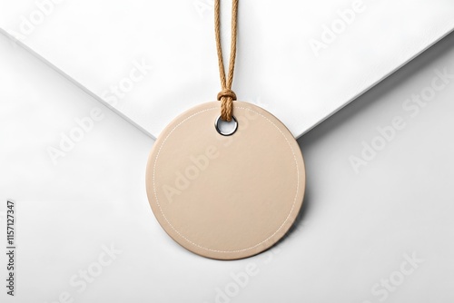 Round neutral gift tag mockup for gifting on a beige background - perfect for designers, crafters, small business owners, or anyone creating personalized packaging and branding. photo