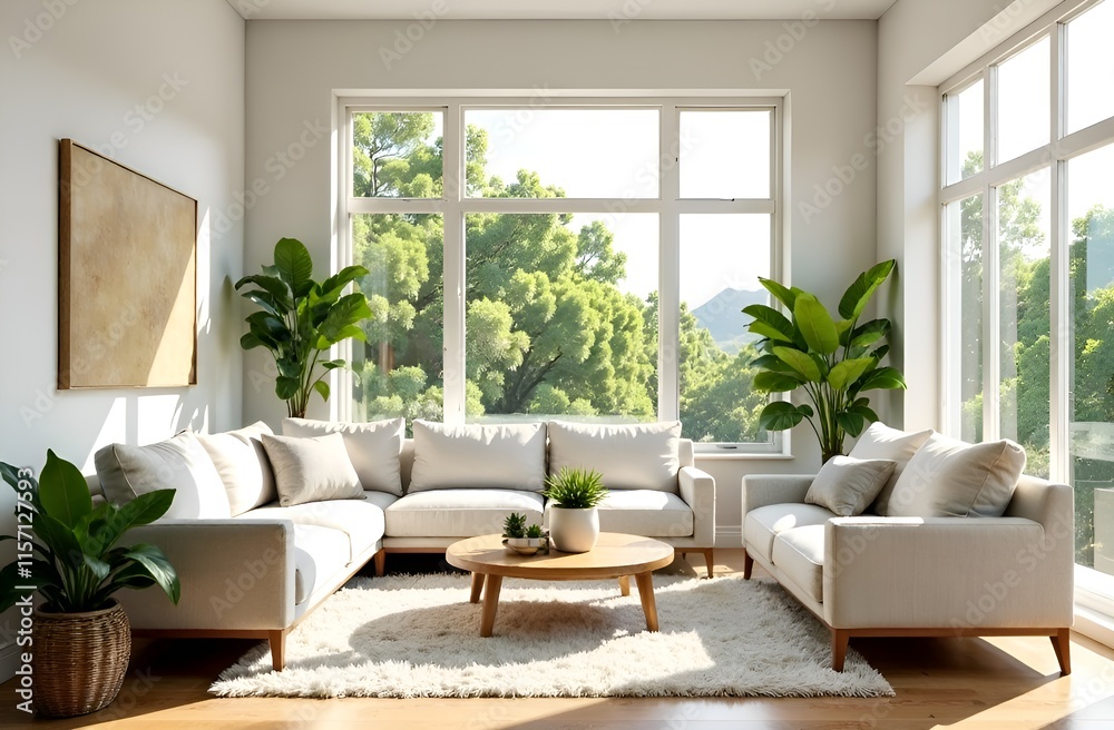 Fototapeta premium interior in light pastel colors with green plants, large windows, fireplace, mirror