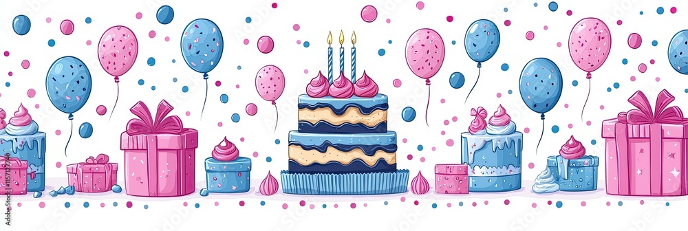 Fototapeta premium A festive illustration featuring a birthday cake, balloons, gifts, and decorations.