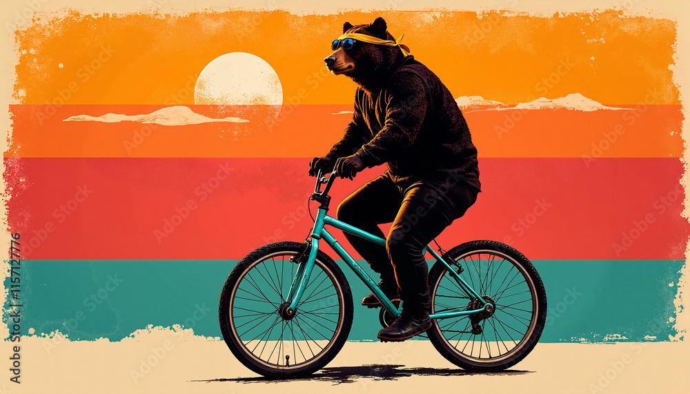 Obraz premium Cool bear riding a bicycle with sunglasses against a vibrant sunset background