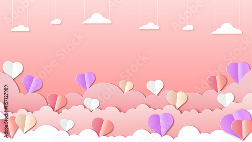 Valentine's Day design featuring paper-cut clouds and love-themed decorations.