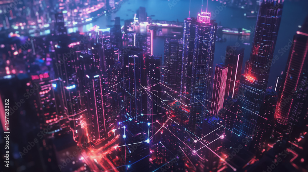 Smart digital Innovation city with connection network reciprocity over the cityscape. of future smart wireless digital city and social media networking systems that connects people with in city Smart digital Innovation city with connection network reciprocity over the cityscape. of future smart wireless digital city and social media networking systems that connects people with in city