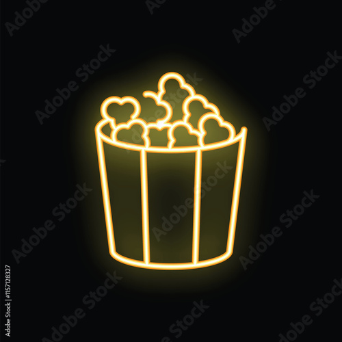 Neon sign illustration of a popcorn bucket glowing on a black background