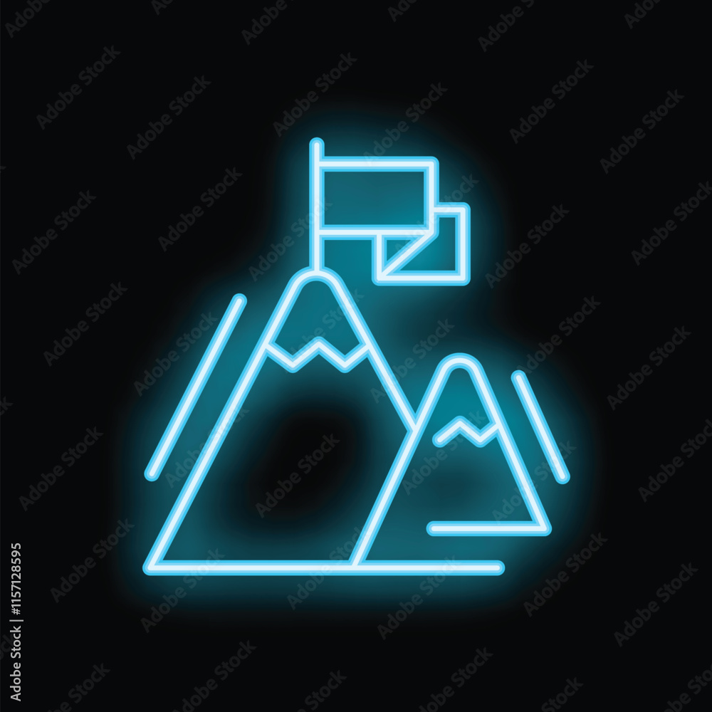 Blue neon icon of a flag waving on top of a mountain symbolizing achievement and reaching goals Blue neon icon of a flag waving on top of a mountain symbolizing achievement and reaching goals