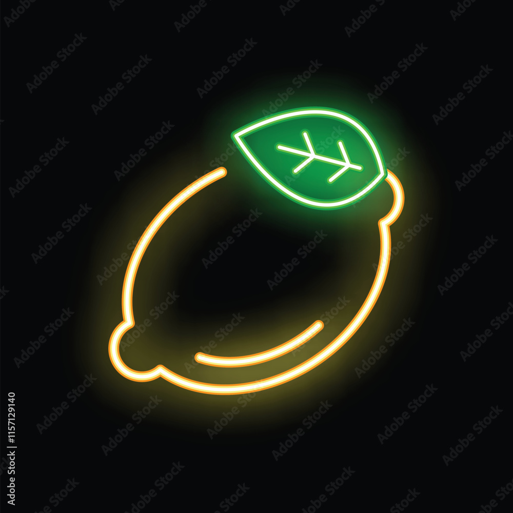 Bright yellow neon sign showing a lemon with a green leaf on black background Bright yellow neon sign showing a lemon with a green leaf on black background