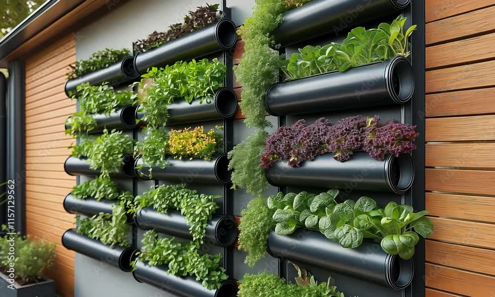 Vertical planters on a wall in a modern garden
