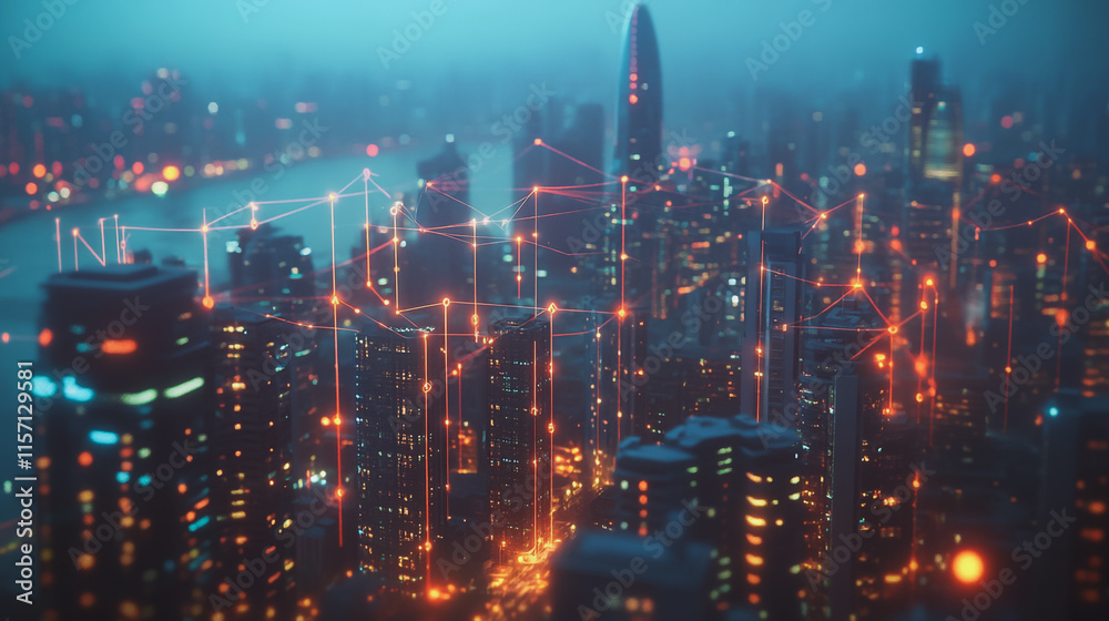 Fototapeta premium Smart digital Innovation city with connection network reciprocity over the cityscape. of future smart wireless digital city and social media networking systems that connects people with in city