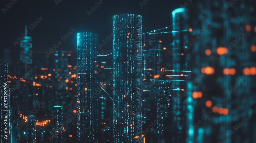 Smart digital Innovation city with connection network reciprocity over the cityscape. of future smart wireless digital city and social media networking systems that connects people with in city Smart digital Innovation city with connection network reciprocity over the cityscape. of future smart wireless digital city and social media networking systems that connects people with in city