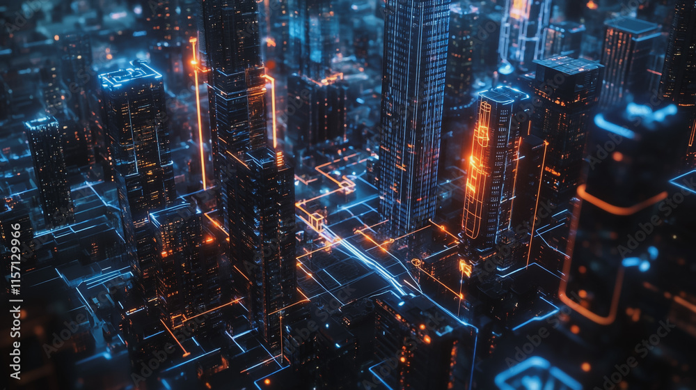 Fototapeta premium Smart digital Innovation city with connection network reciprocity over the cityscape. of future smart wireless digital city and social media networking systems that connects people with in city