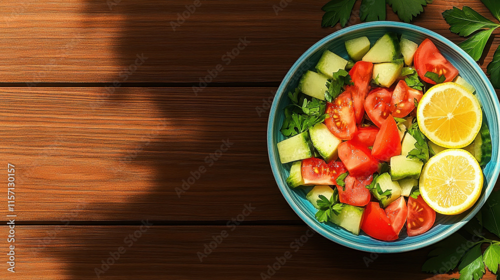 Healthy Food Around the World, A vibrant bowl of fresh salad with tomatoes, cucumbers, and lemon slices on a wooden table, illuminated by natural light, showcasing healthy eating.
