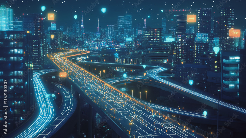 Obraz premium Smart digital Innovation city with connection network reciprocity over the cityscape. of future smart wireless digital city and social media networking systems that connects people with in city