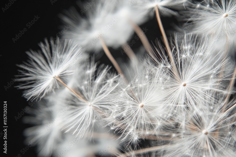 Fototapeta premium A macro shot of white dandelion seeds forms an abstract, artistic design, symbolizing purity and the fleeting nature of life in a serene, gentle expression.