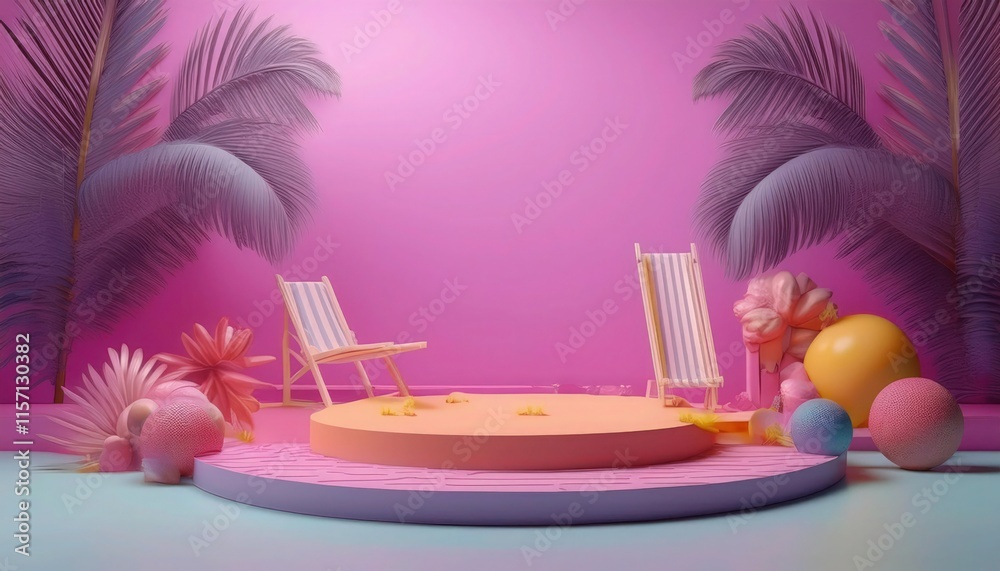 Obraz premium Vibrant Summer-Themed Podium with Tropical Accents for Bright, Sunny Product Displays
