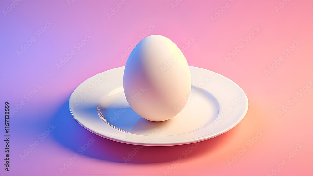 Single white egg on a white plate against a pink and purple background. Single white egg on a white plate against a pink and purple background.