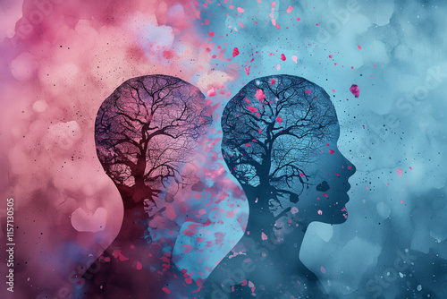 Silhouette of two human heads with tree branches. Psychology and mental health concept with copy space.
