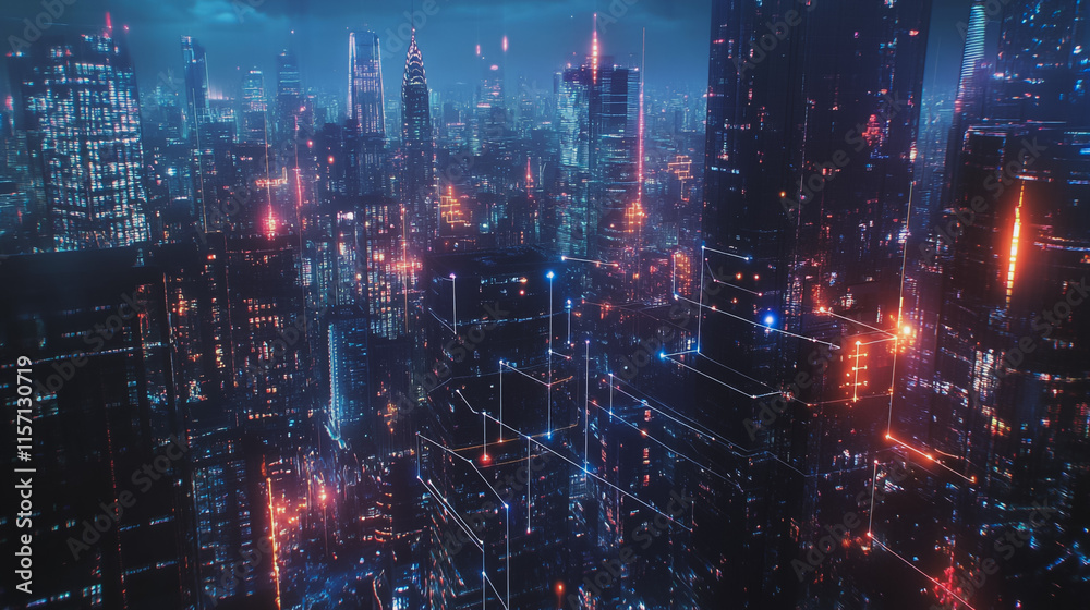 Naklejka premium Smart digital Innovation city with connection network reciprocity over the cityscape. of future smart wireless digital city and social media networking systems that connects people with in city