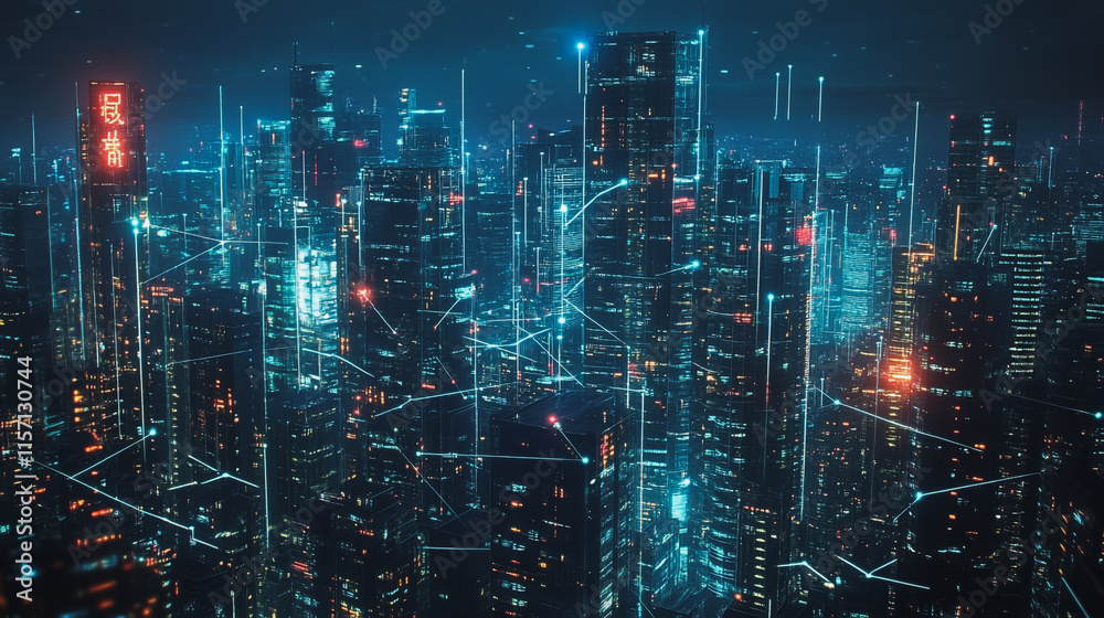 Smart digital Innovation city with connection network reciprocity over the cityscape. of future smart wireless digital city and social media networking systems that connects people with in city Smart digital Innovation city with connection network reciprocity over the cityscape. of future smart wireless digital city and social media networking systems that connects people with in city