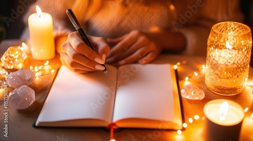 A woman journaling in a gratitude notebook, with candles and crystals nearby.