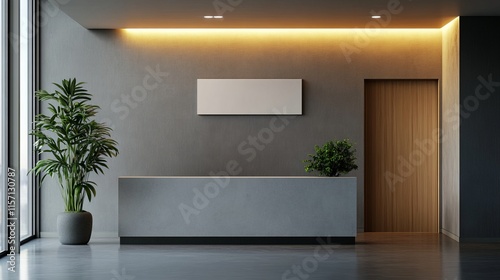 Modern Minimalist Office Reception Area Design. Contemporary Interior Design with Concrete Counter and Wooden Door. Stylish Empty Space with Plants and Ambient Lighting.