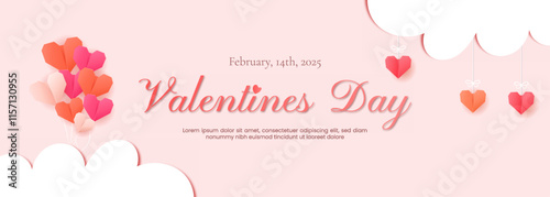 Valentine's Day design featuring paper-cut clouds and love-themed decorations.