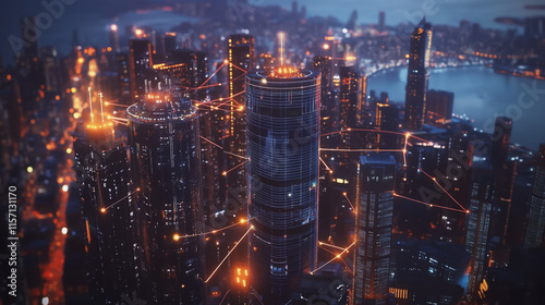 Wallpaper Mural Smart digital Innovation city with connection network reciprocity over the cityscape. of future smart wireless digital city and social media networking systems that connects people with in city Torontodigital.ca