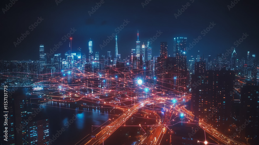 Fototapeta premium Smart digital Innovation city with connection network reciprocity over the cityscape. of future smart wireless digital city and social media networking systems that connects people with in city