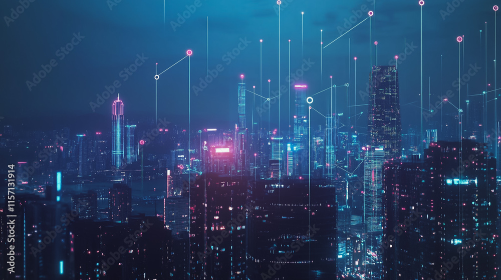 Smart digital Innovation city with connection network reciprocity over the cityscape. of future smart wireless digital city and social media networking systems that connects people with in city Smart digital Innovation city with connection network reciprocity over the cityscape. of future smart wireless digital city and social media networking systems that connects people with in city