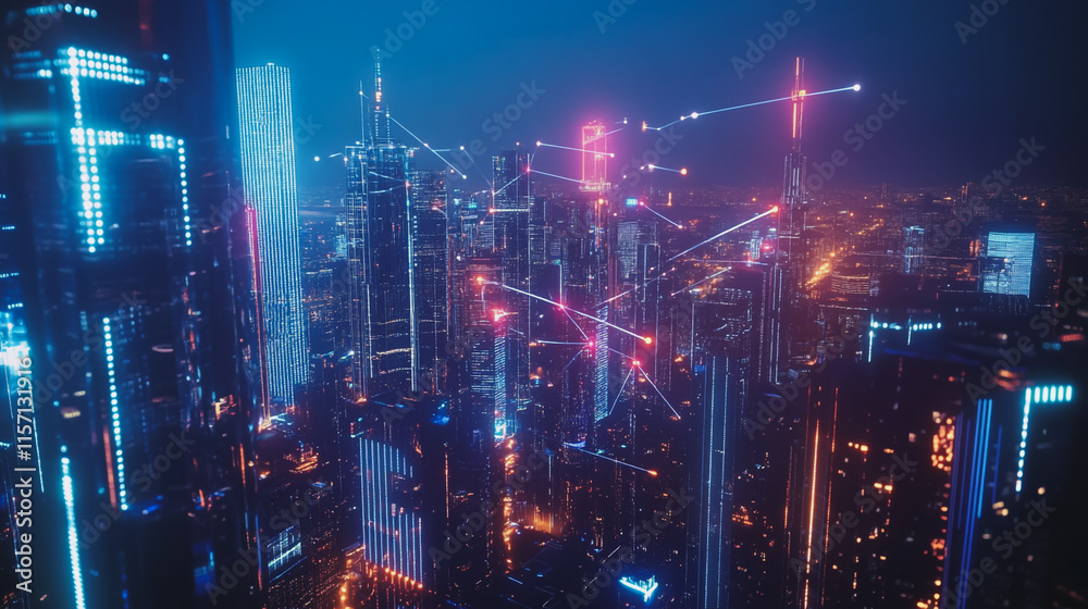 Smart digital Innovation city with connection network reciprocity over the cityscape. of future smart wireless digital city and social media networking systems that connects people with in city Smart digital Innovation city with connection network reciprocity over the cityscape. of future smart wireless digital city and social media networking systems that connects people with in city