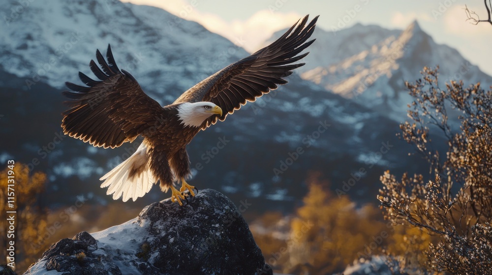 Fototapeta premium Majestic bald eagle landing on rock, mountains background.