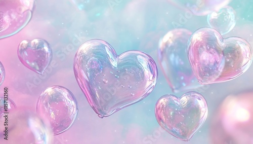 Pastel Heart-Shaped Bubbles Floating in a Dreamy Sky