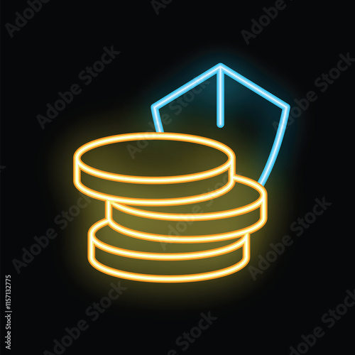 Glowing neon icon featuring a protective shield hovering over a stack of coins, symbolizing financial security and wealth preservation