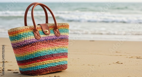 Colorful striped beach bag rests on sandy shore