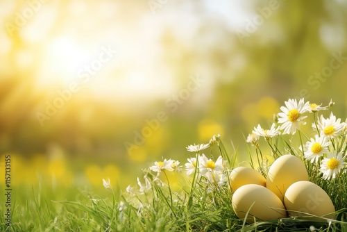 On a beautifully serene Easter morning, colorful and decorative eggs nestle among vibrant daisies in a sunlit meadow, perfectly evoking the pure joy and delight of Easter celebrations and traditions photo