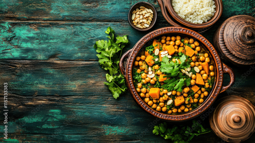 Healthy Food Around the World, Vibrant chickpea curry with herbs served in a traditional dish, accompanied by rice and spices, against a rustic wooden background. Healthy Food Around the World, Vibrant chickpea curry with herbs served in a traditional dish, accompanied by rice and spices, against a rustic wooden background.