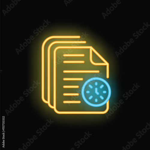Glowing neon icon of documents with clock representing time management and deadlines