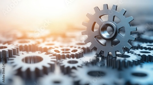 Large interconnected network of gears symbolizing corporate competition, with one oversized gear dominating the scene, representing antitrust concerns. Central gear with copy space for text.