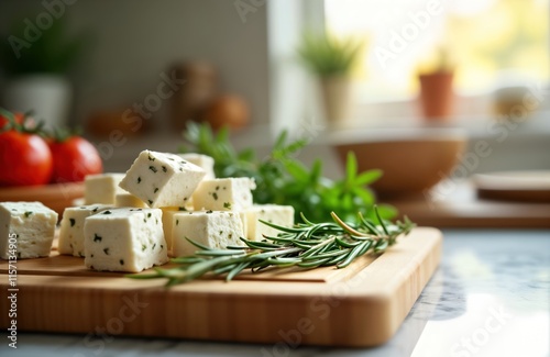 Fresh feta cheese cubes seasoned with herbs sit on wooden cutting board in kitchen. Healthy food ingredients ready for cooking snacking. Tasty dairy product organic, looks perfect for Greek meal. photo