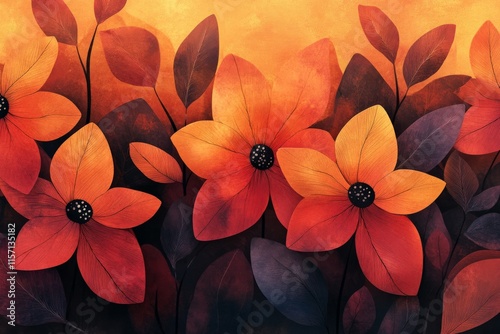 A dynamic abstract painting featuring vibrant orange floral elements set against a warm, textured backdrop, blending artistic creativity with expressive colors. photo