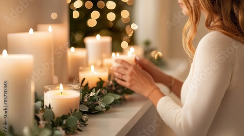 A woman arranging winter-themed candles and greenery on a minimalist mantelpiece