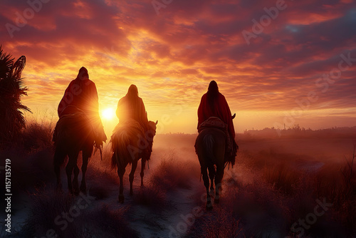 Three Magi. Magi from the east on horseback travelling through the desert by the light of the star of Bethlehem. Epiphany. Feliz Dia de Reyes. The Journey of the Epiphany.
