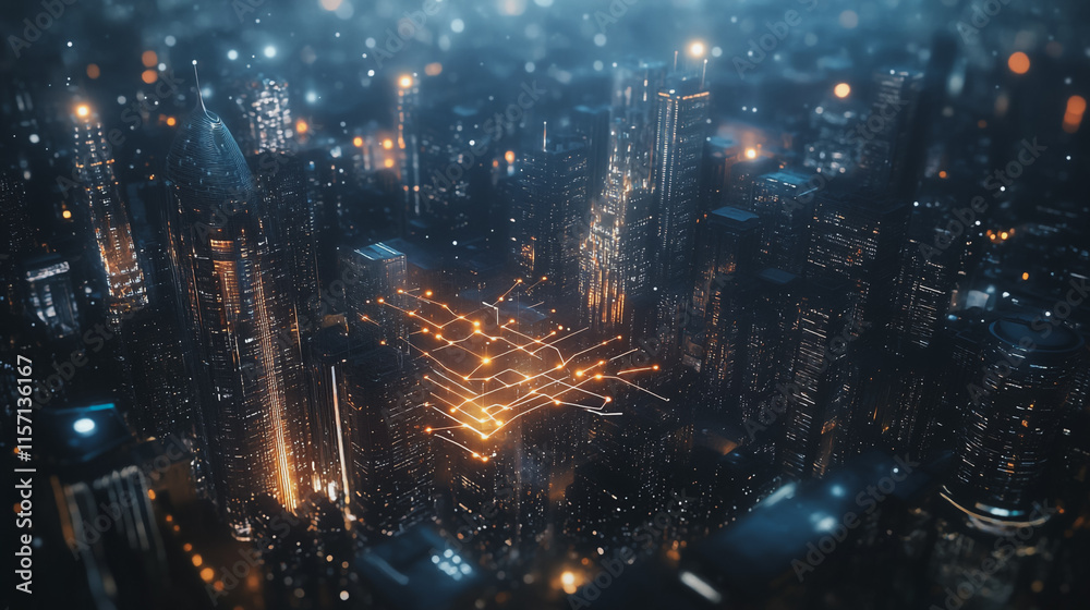 Smart digital Innovation city with connection network reciprocity over the cityscape. of future smart wireless digital city and social media networking systems that connects people with in city