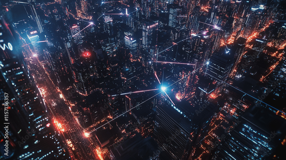 Smart digital Innovation city with connection network reciprocity over the cityscape. of future smart wireless digital city and social media networking systems that connects people with in city Smart digital Innovation city with connection network reciprocity over the cityscape. of future smart wireless digital city and social media networking systems that connects people with in city