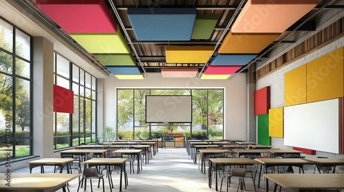 Modern classroom with a ceiling featuring colorful acoustic panels for a lively environment