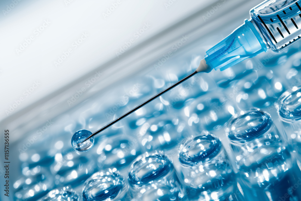 Precision Liquid Drop on Syringe Needle Over Vials Precision Liquid Drop on Syringe Needle Over Vials