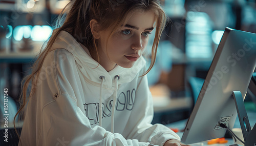 A nice woman, she is clothes designer sitting in his office and making cool white hoodie, luxury office, digital office. photo