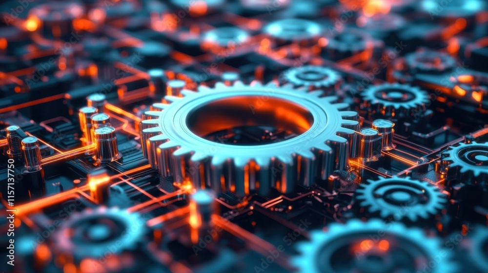 Fototapeta premium Large interconnected network of gears symbolizing corporate competition, with one oversized gear dominating the scene, representing antitrust concerns. Central gear with copy space for text.