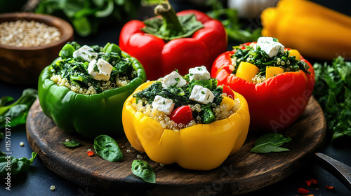 Healthy Food Around the World, Colorful stuffed bell peppers filled with quinoa, spinach, and feta cheese, garnished with fresh herbs on a wooden platter.