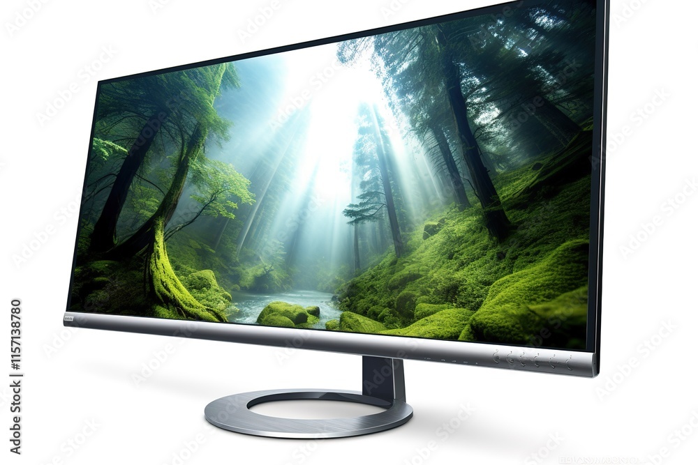 Fototapeta premium Wide Screen Monitor Displaying Lush Forest Scene