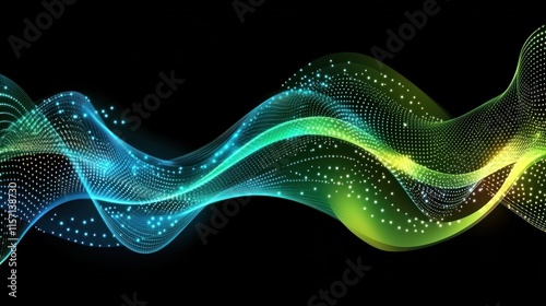 Abstract Green Blue Glowing Waves Particle Design Dark Background photo